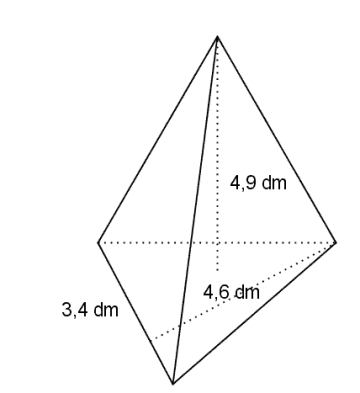 Pyramide med trekantet grunnflate. Grunnflaten har grunnline på 3,4 dm og høyde på 4,6 dm. Høyden i pyramiden er 4,9 dm.